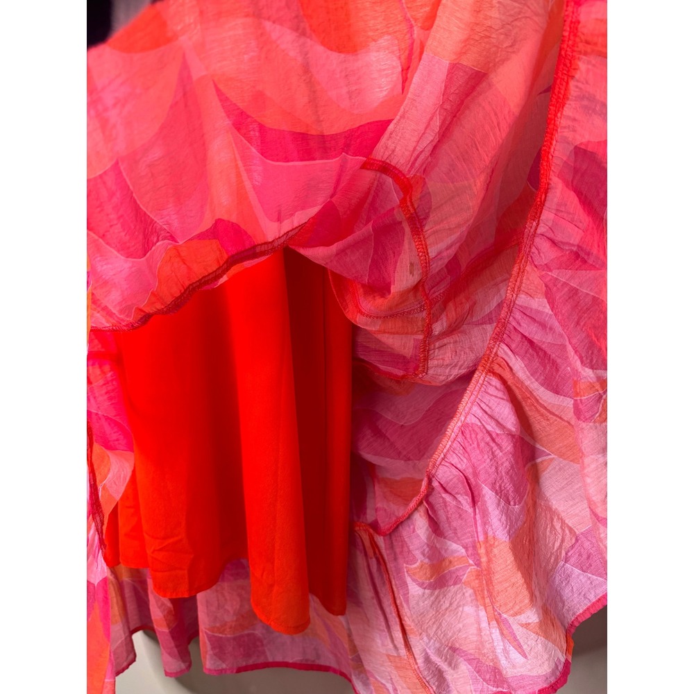 THML Pink Orange Abstract Print Tiered Maxi Dress Smocked Waist Pockets L - Picture 7 of 9